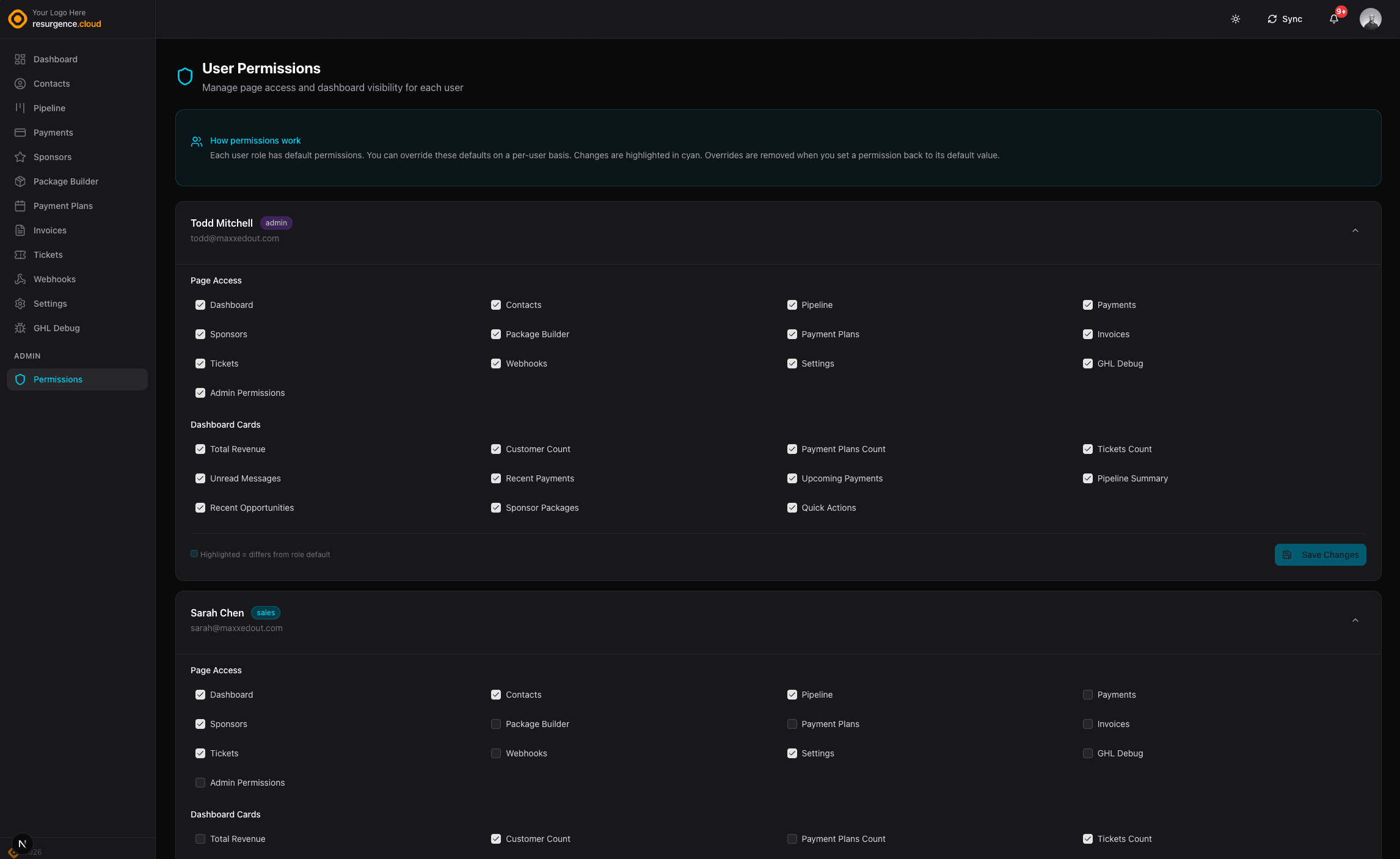Admin Permissions screenshot